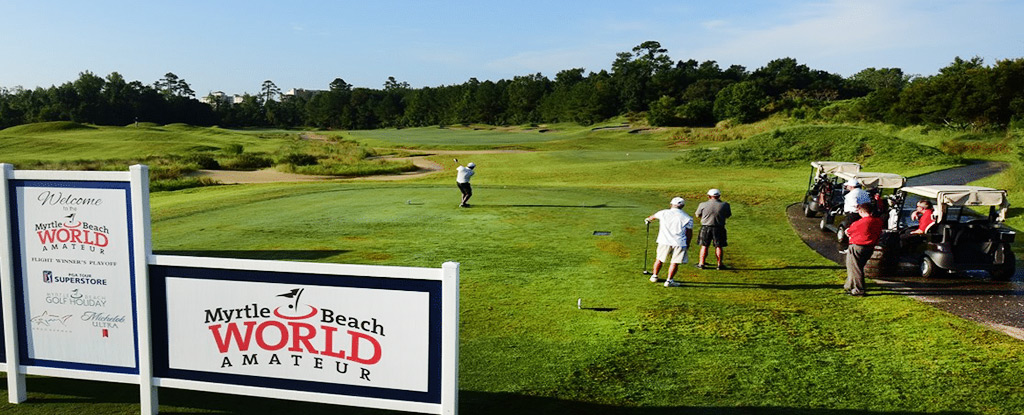 Golfers teeing off during the Myrtle Beach World Amateur Championship